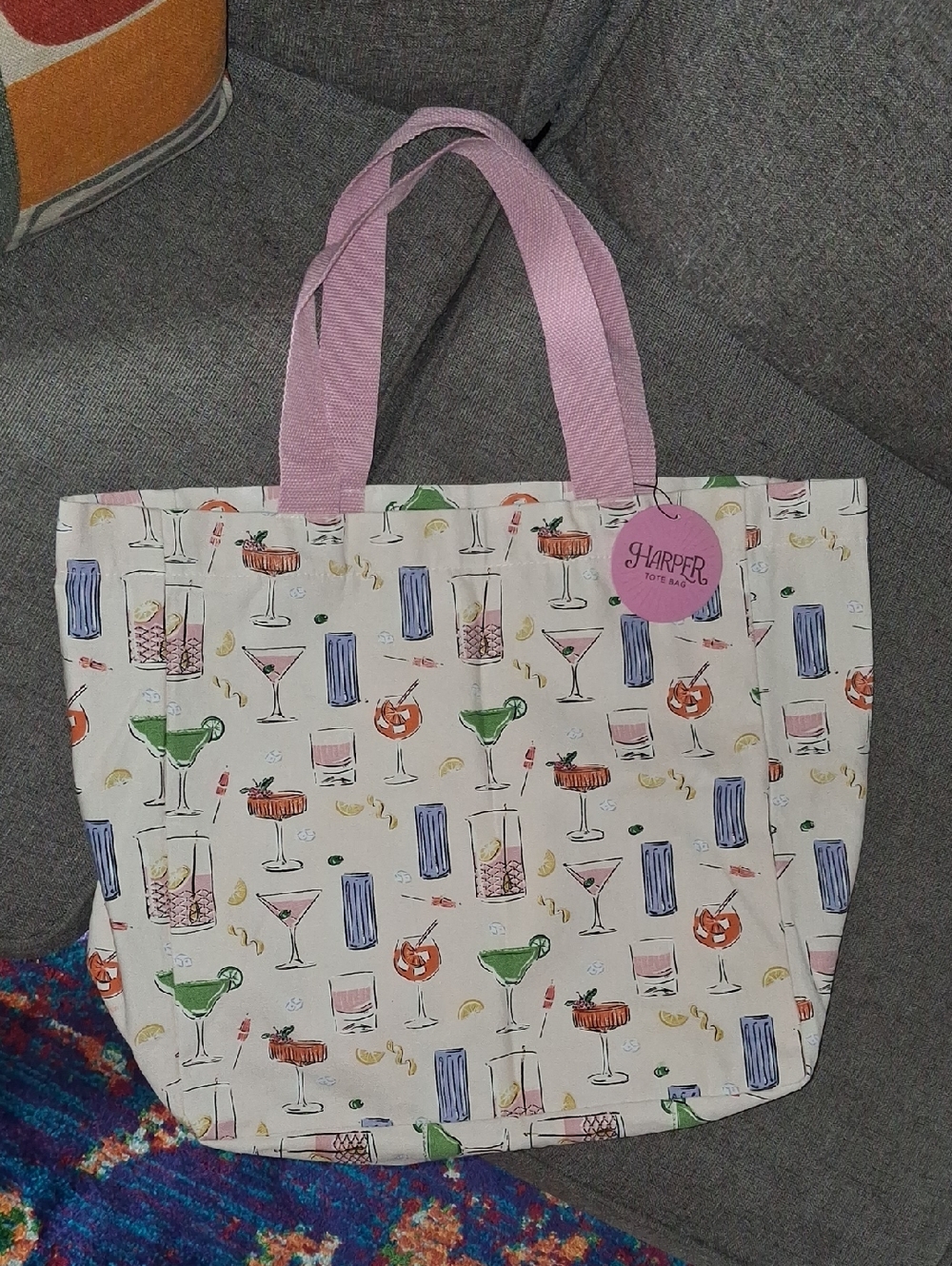 Harper Cocktail Print Large Canvas Tote with Pink Handles